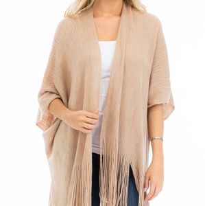 Fringe Trim Sweater Knit Poncho/Cardigan Ivory